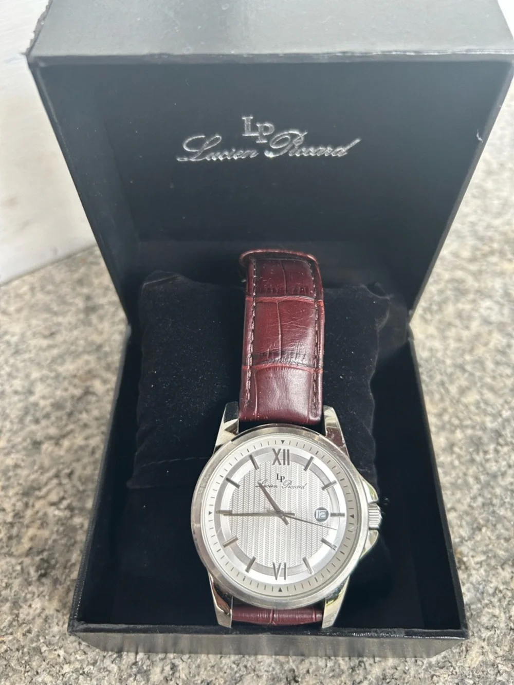 Lucien Piccard Silver Dial Watch with Burgundy Leather Strap